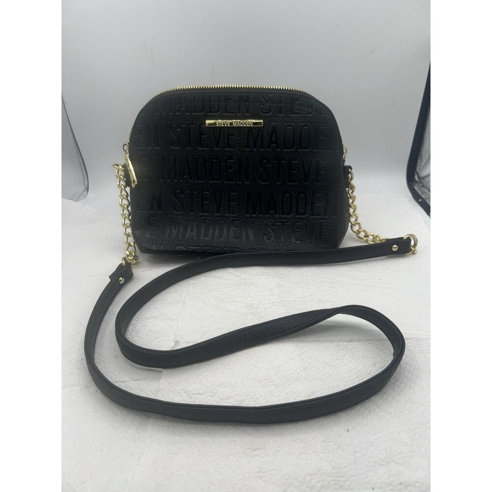 Steve Madden Black Logo Embossed Crossbody Bag Gold Chain Strap Zip Top Purse